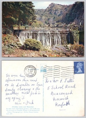 c44493 Lake and Waterfall Cheddar Somerset England Postkarte 1972 Stempel