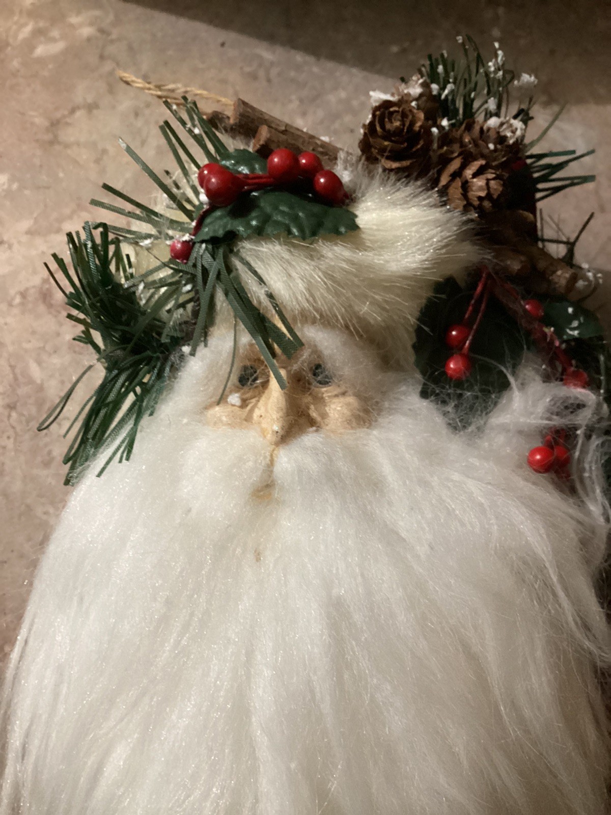 Vintage Santa Face Hanging Christmas Berries Pine Cones 7”