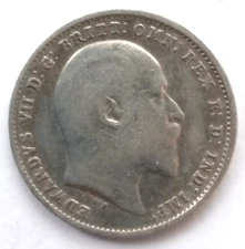 1907 EDWARD VII SILVER THREEPENCE  ( .925 Silver )  British 3d Coin.    53
