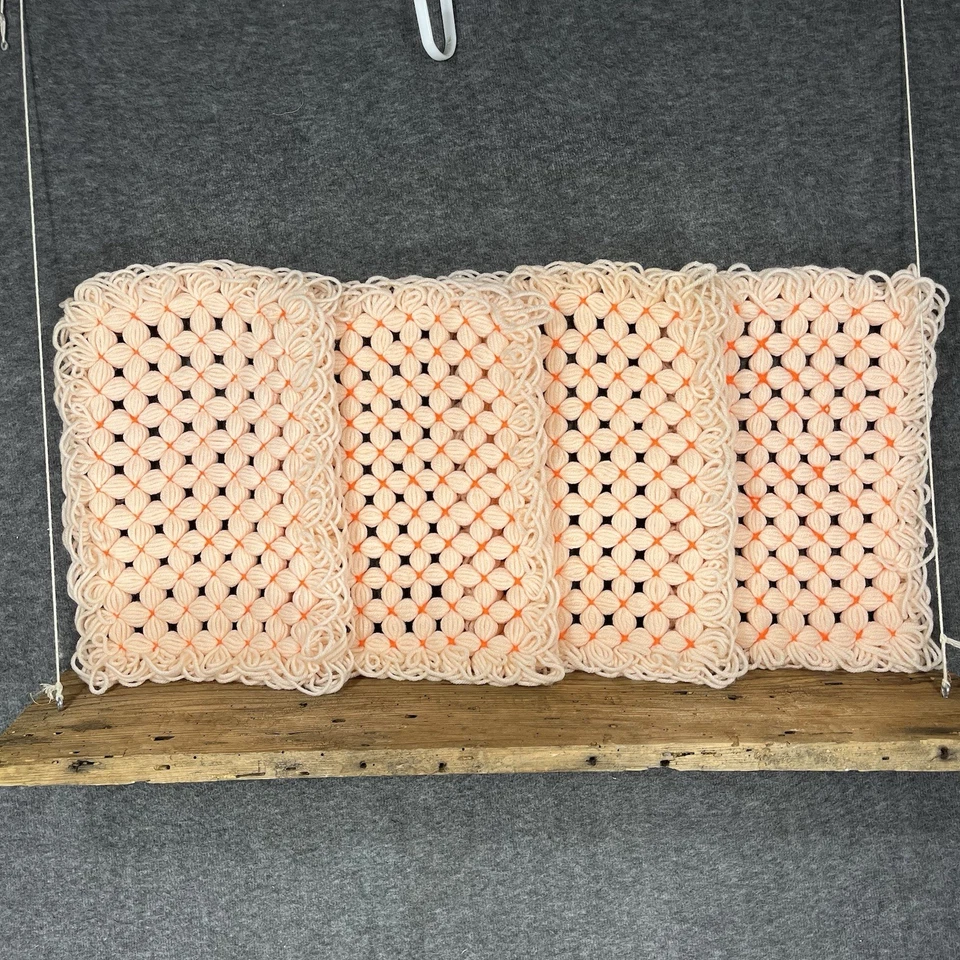 Vintage Handmade Placemats Set of 4 Peach Orange Yarn Loop 13x9 MCM 60s 70s Mod - Image 3 of 4