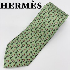 HERMES 5605 MA 100 Silk Tie Green Skiing Penguin Novelty Made in France