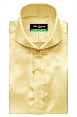 Men Shiny Silk Gold Satin Evening Dress High Cutaway Collar Hidden Buttons  Shirt | eBay