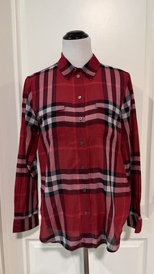 Burberry Brit Women s Nova Check Red Black Plaid 100% Cotton Button-Up Shirt L