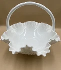 Vtg Fenton Ruffle Hobnail White Milk Glass Basket With Applied Handle 10”