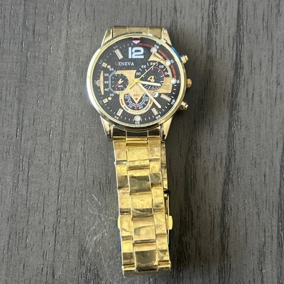 Geneva Men s Gold Tone Chronograph Watch Black Dial Bracelet Used Good