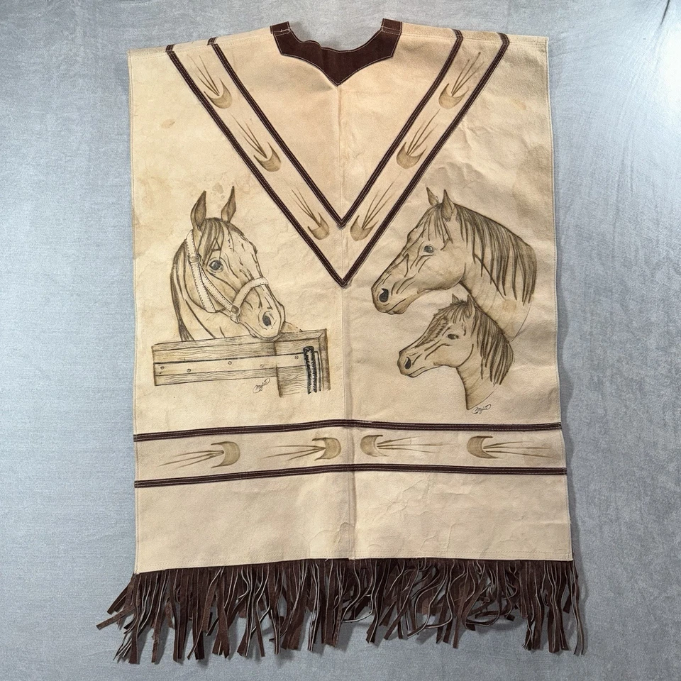 Authentic Leather Handmade Poncho Horses Artisan Fringe Mejia Made In Mexico - Image 4 of 4