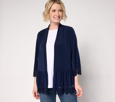 Susan Graver Regular Liquid Knit Tiered Laser Cut Cardigan Navy M New