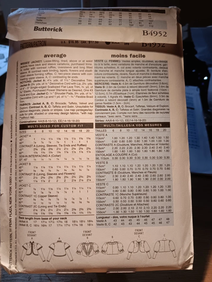 Chaquetas victorianas Butterick Pattern B4952 talla 14-20 sin cortar Foto 2 de 2