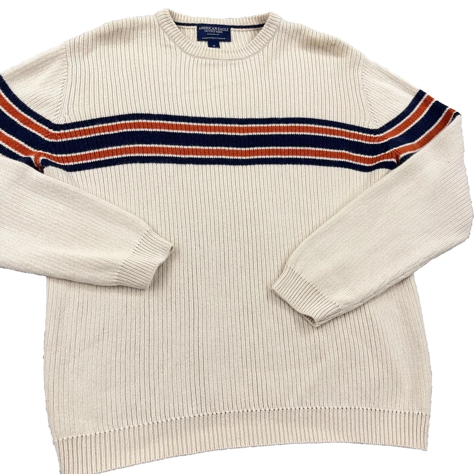 Suéter De Colección Y2K American Eagle Hombres Medio Crema Blanco Grueso Tejido Rayas Foto 2 de 4