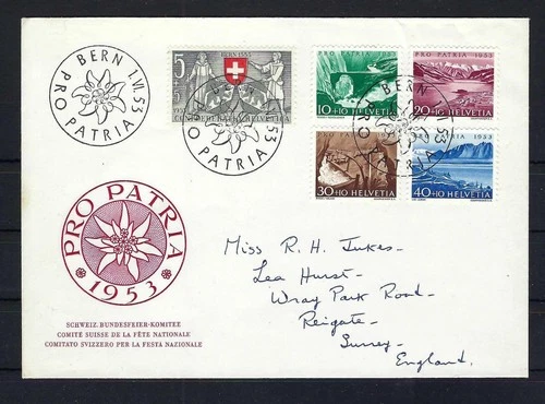 Switzerland 1953 Pro Patria First Day Cover to Reigate - Zumstein CV CHF 90
