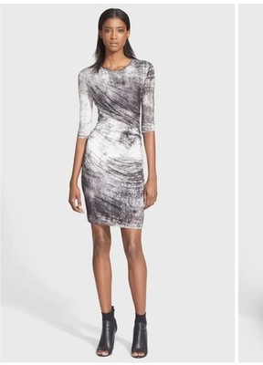 Helmut Lang Nova Ruched Graphic Print Half Sleeve Dress, Gray, Small