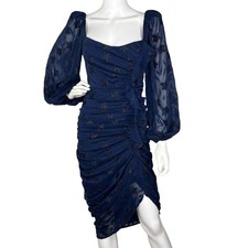 Womens Midi Dress Puff Sleeve Celestial Whimsigoth Shimmer Fairy Navy Blue Sz S