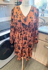 SHEIN Curve Rust Orange Floral Dress V Neck Long Sleeve Size 2XL (B281)
