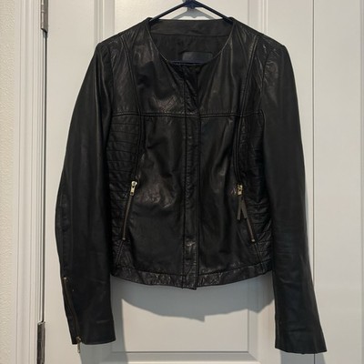 MNG Women's Leather Jacket Size L Black 100% Sheep Leather Bomber Zip Used