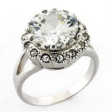 Women's Ring, Clear CZ, Rhodium Plated, Sterling Silver, Halo, Vintage