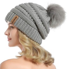 Women Knit Slouchy Beanie Chunky Baggy Hat with Faux Fur Pompom Winter Soft W...