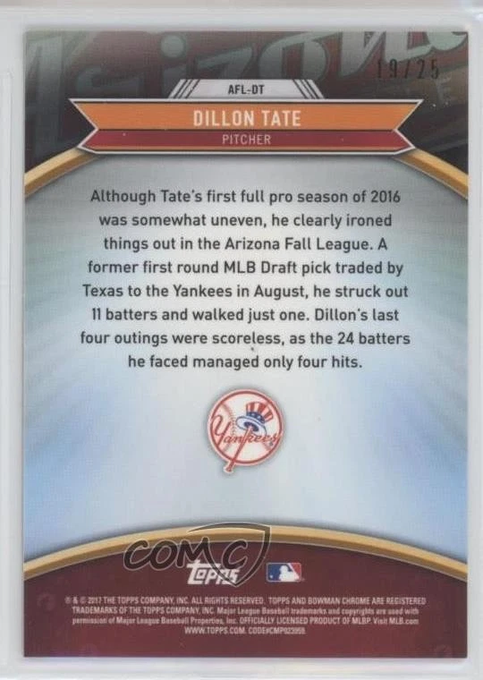 2017 Bowman Chrome 2016 AFL Fall Stars Orange Refractor /25 Dillon Tate #AFL-DT - Image 2 of 2