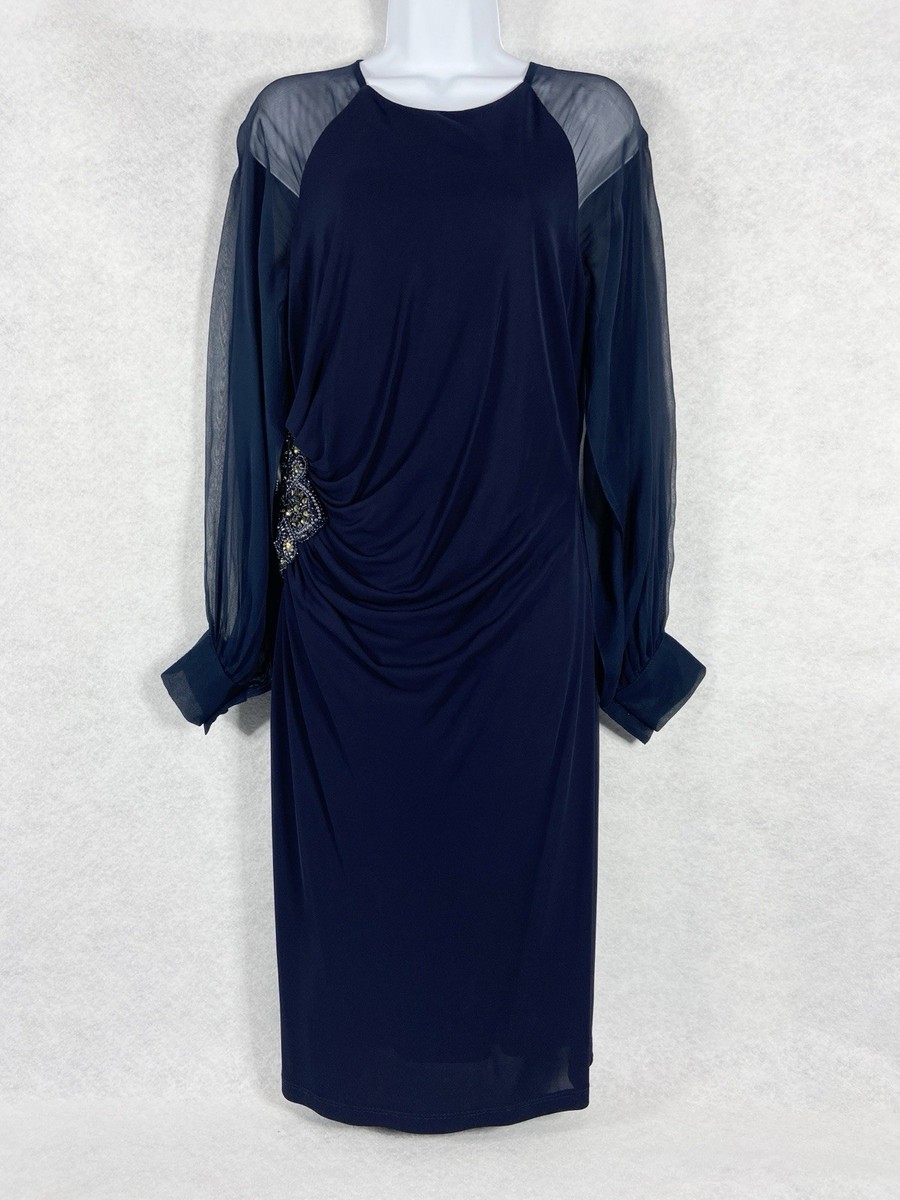 David Meister Dress Women's 8 Blue Ruched Sheer Silk Sleeves Beaded  Rhinestones | eBay