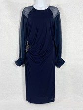 David Meister Dress Women’s 8 Blue Ruched Sheer Silk Sleeves Beaded Rhinestones