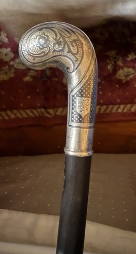 WWI Officer Swagger Stick Niello Silver Handle Ebony Wood Monogram NT Antique