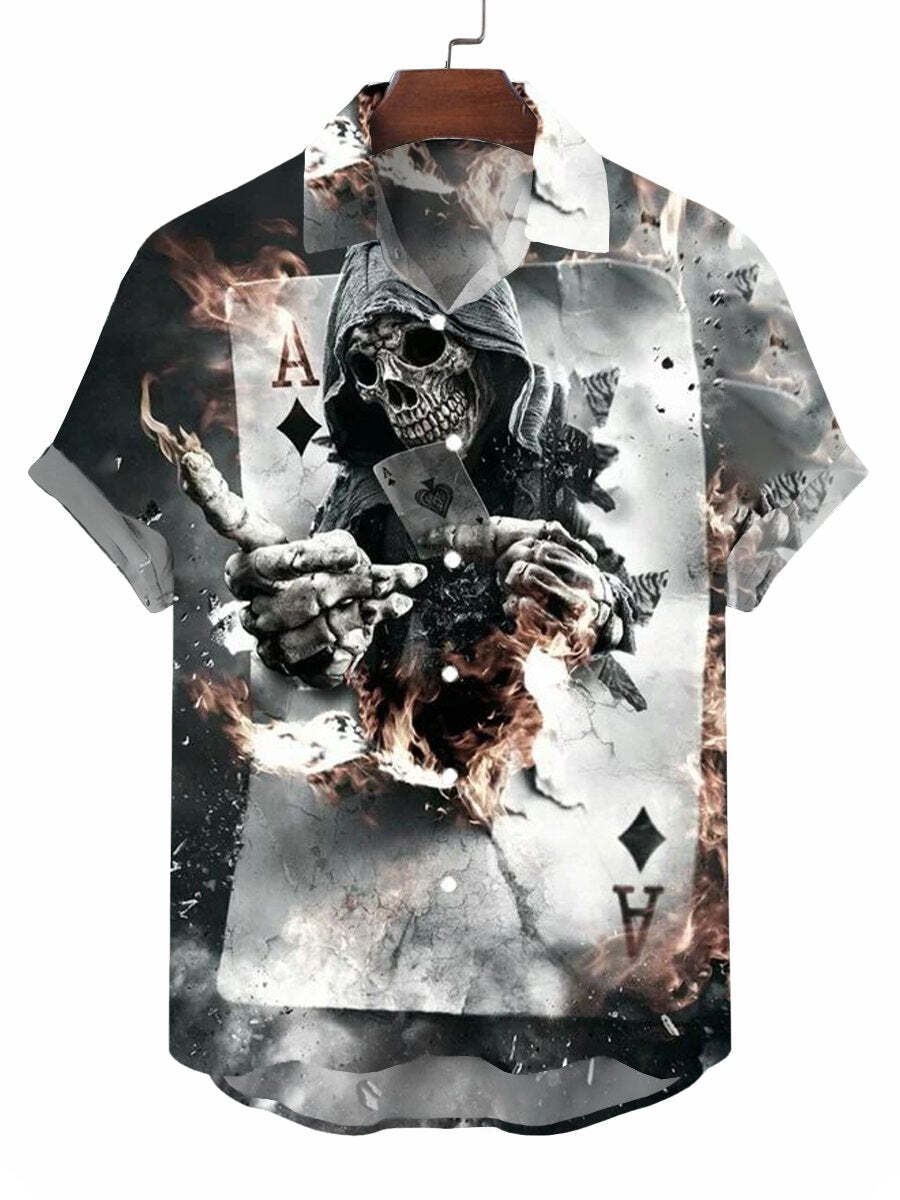 Skull Poker Print Short Sleeve Button Down Hawaiian Shirt For Men US Size
