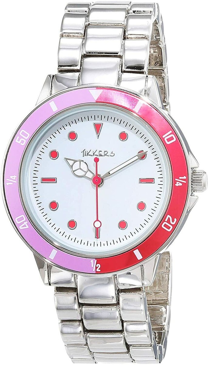 Tikkers Girls Watch With Chrome Strap And Pink And Red Bezel