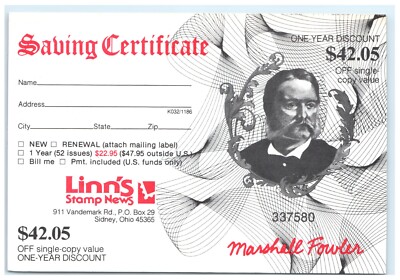 Linns Stamp News Saving Certificate Sidney OH Ad Postcard