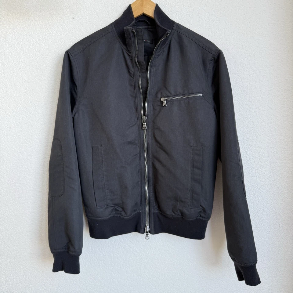 John Varvatos USA Bomber Jacket Full Zip Mens Small Charcoal elbow patches Lined - Image 3 of 4