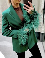 Zara Green Satin Feather Blazer Xl Extra Large Uk 14 New