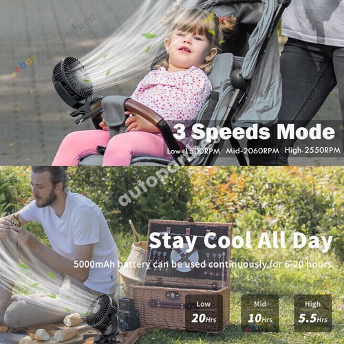 360° 5 inch Portable Desk Fan USB 3 Speeds 5 Blade Quiet Cooling 5000mAh Clip on - Picture 3 of 12