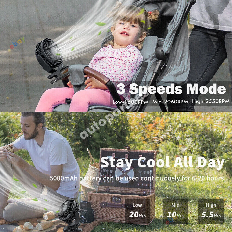 360° 5 inch Portable Desk Fan USB 3 Speeds 5 Blade Quiet Cooling 5000mAh Clip on - Image 3 of 4