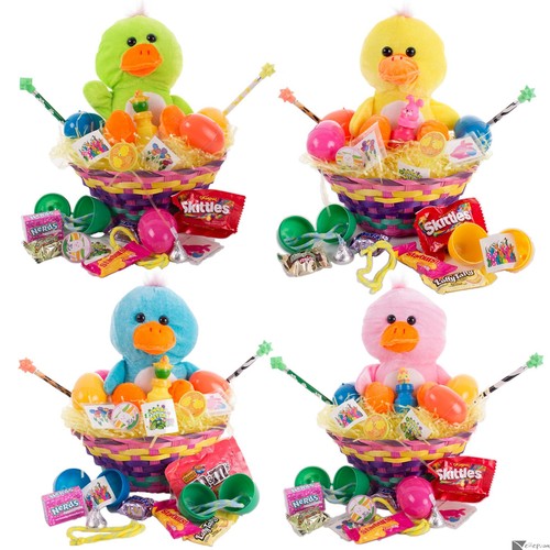 Niedliche Plüsch Ente Spielzeug Leckereien gefüllt 26 Stck Ostern Geschenk Korb Kit, 4 Farben zur Auswahl