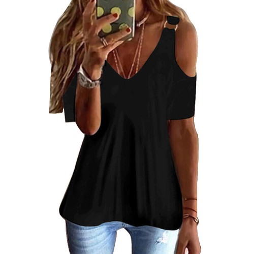 V Neck Women T-Shirt Tunic Tops Tees Pullover Short Sleeve Cold Shoulder Casual - Bild 3 von 11