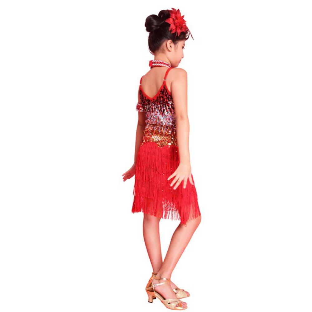 Kids Girl Dance Sequin Dress Tassel Latin Salsa Samba Ballroom Dance