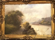 Rare Antique 19 C Large Pastel Forest River Landscape In Antique Giltwood Frame!