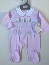 Baby girls Spanish smocked Rabbit all in one sleepsuit baby grow pink cotton