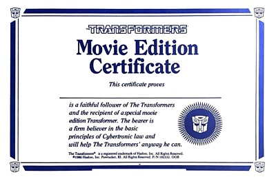 G1 OPTIMUS PRIME RETRO MOVIE MAILER CERTIFICATE   G1 TRANSFORMERS