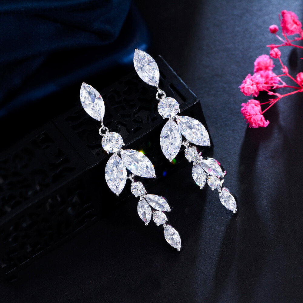 Silver Plated CZ Round Leaf Dangly Drop Earrings for Women