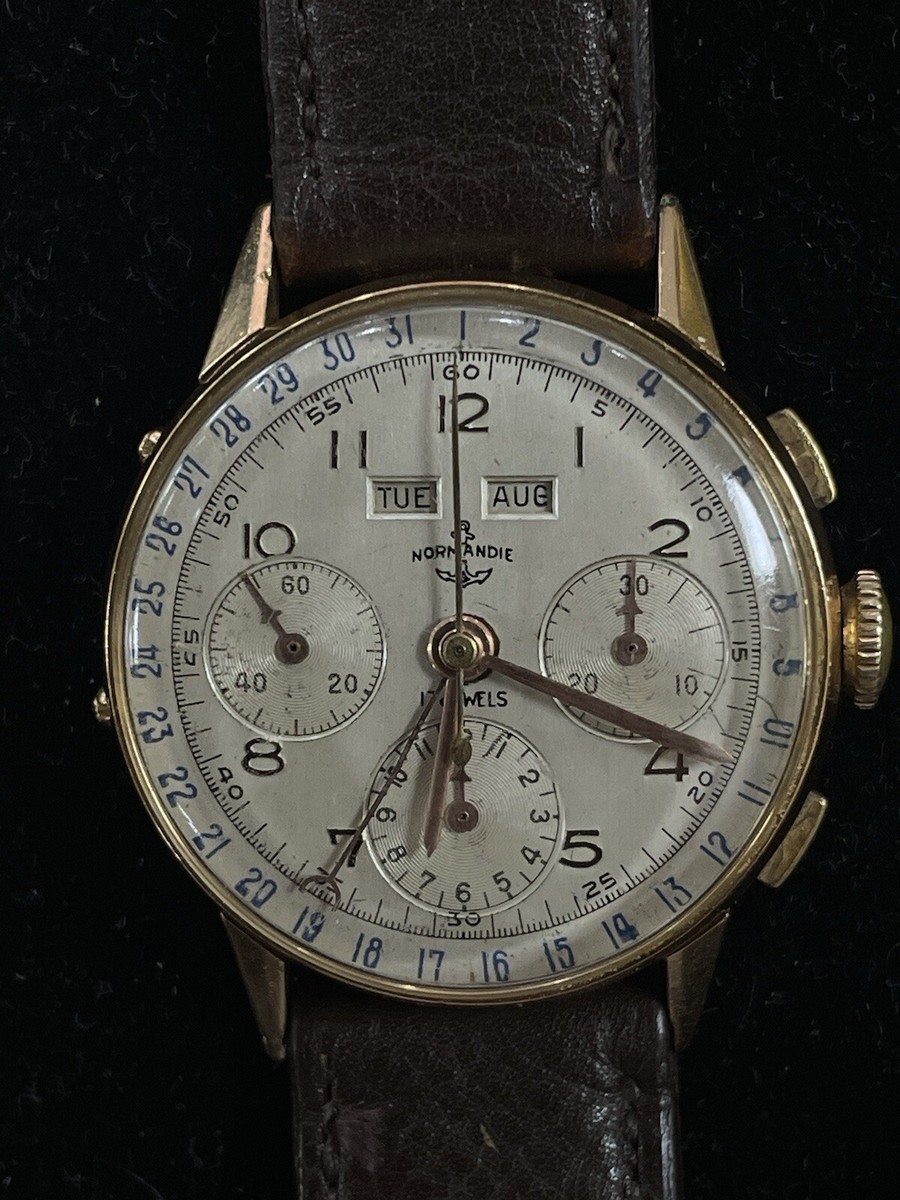 RARE 1940s Normandie 18k Gold Triple Calendar Chronograph Valjoux