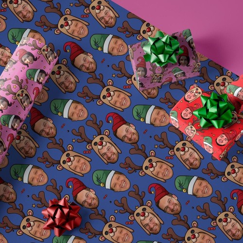 Personalized Gift Wrapping Paper Roll w/ Photo Face Cut Green Elf Red Santa Hat - Picture 6 of 14