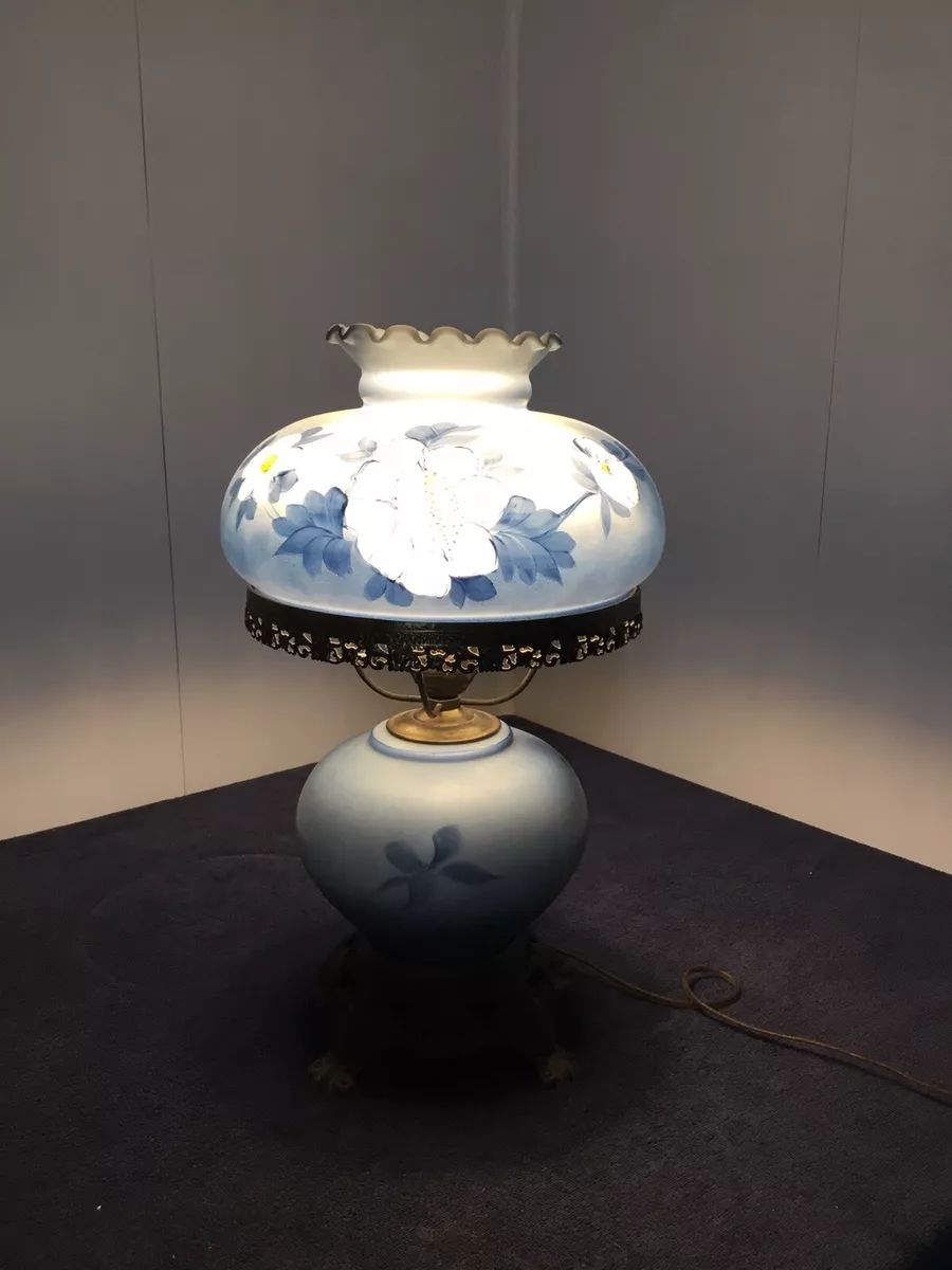 Hurricane Lamp GIM 3083 1967 Blue W Floral Hand Painted 20