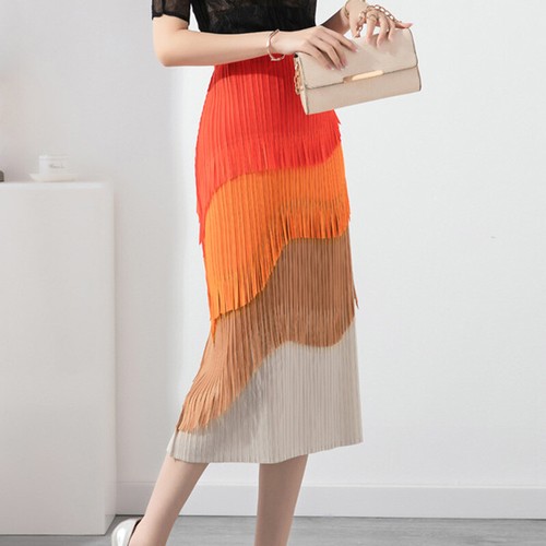 Lady Splicing Midi Straight Pencil Skirt Back Slit Tassel High Elastic Waist Fit - Picture 8 of 13