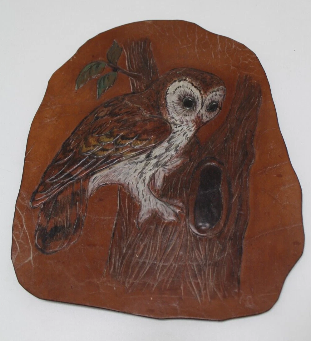 Hand Crafted Tooled Leather Picture Painting Owl Perched On Tree