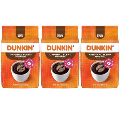 Dunkin Original Blend Medium Roast Whole Bean Coffee 3 Pack 18oz. 1LB 2 OZ EA