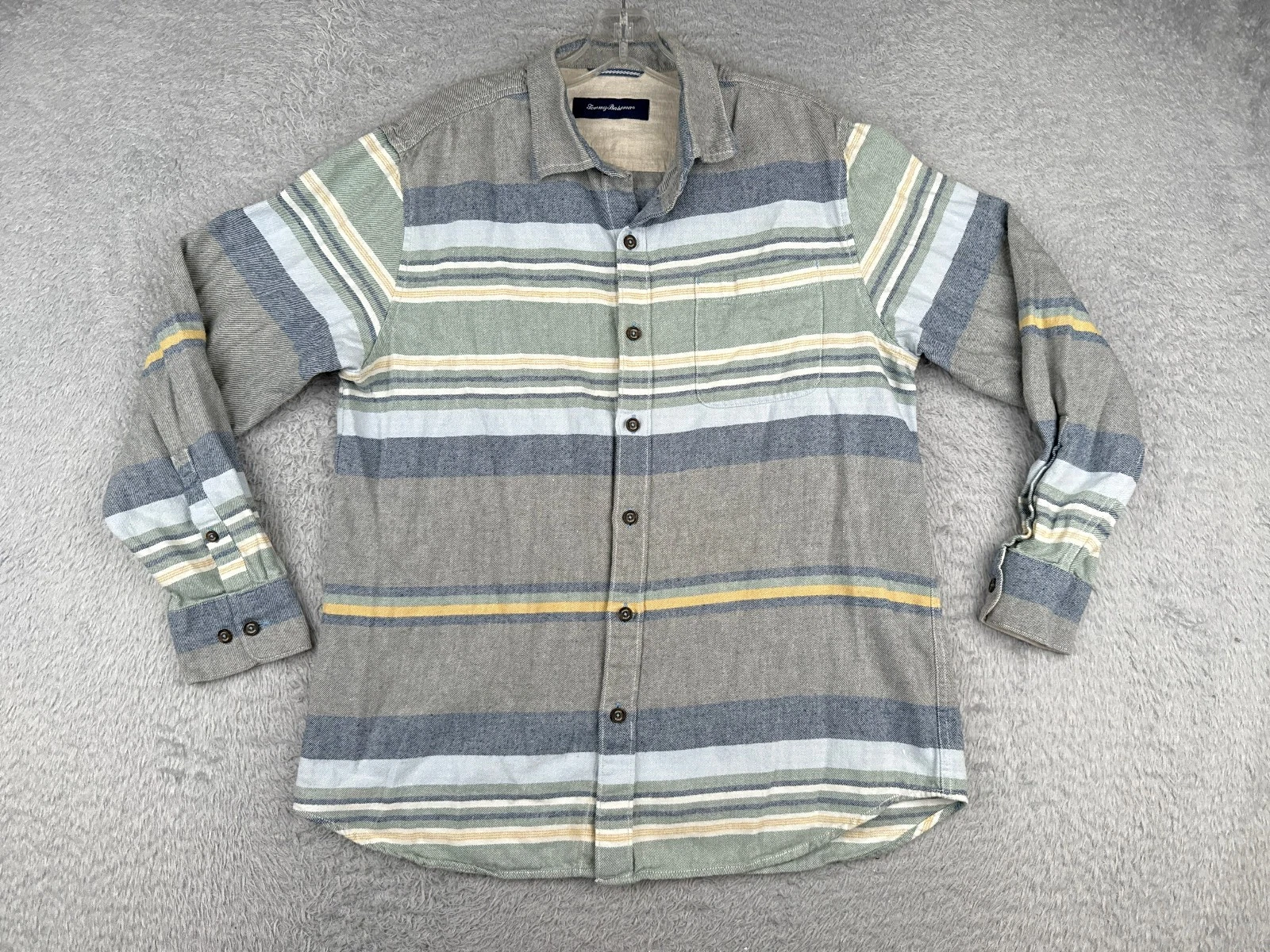 Tommy Bahama Shirt Men Medium Gray Blue Stripe Long Sleeve Flannel Cotton Button
