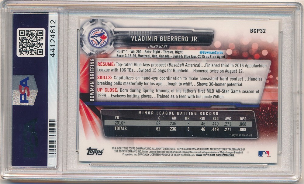 VLADIMIR GUERRERO JR 2017 BOWMAN CHROME 32 RC MEGA BOX REFRACTOR PSA 10 GEM MINT view 2