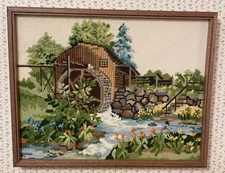 Vintage Needlepoint Crewel Country Mill Spring Hill Pond 19 x 15 Sunset Designs