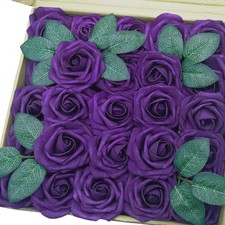 J-Rijzen Artificial Flowers 50PCS Real Looking Dark Purple Fake Roses Stem DIY