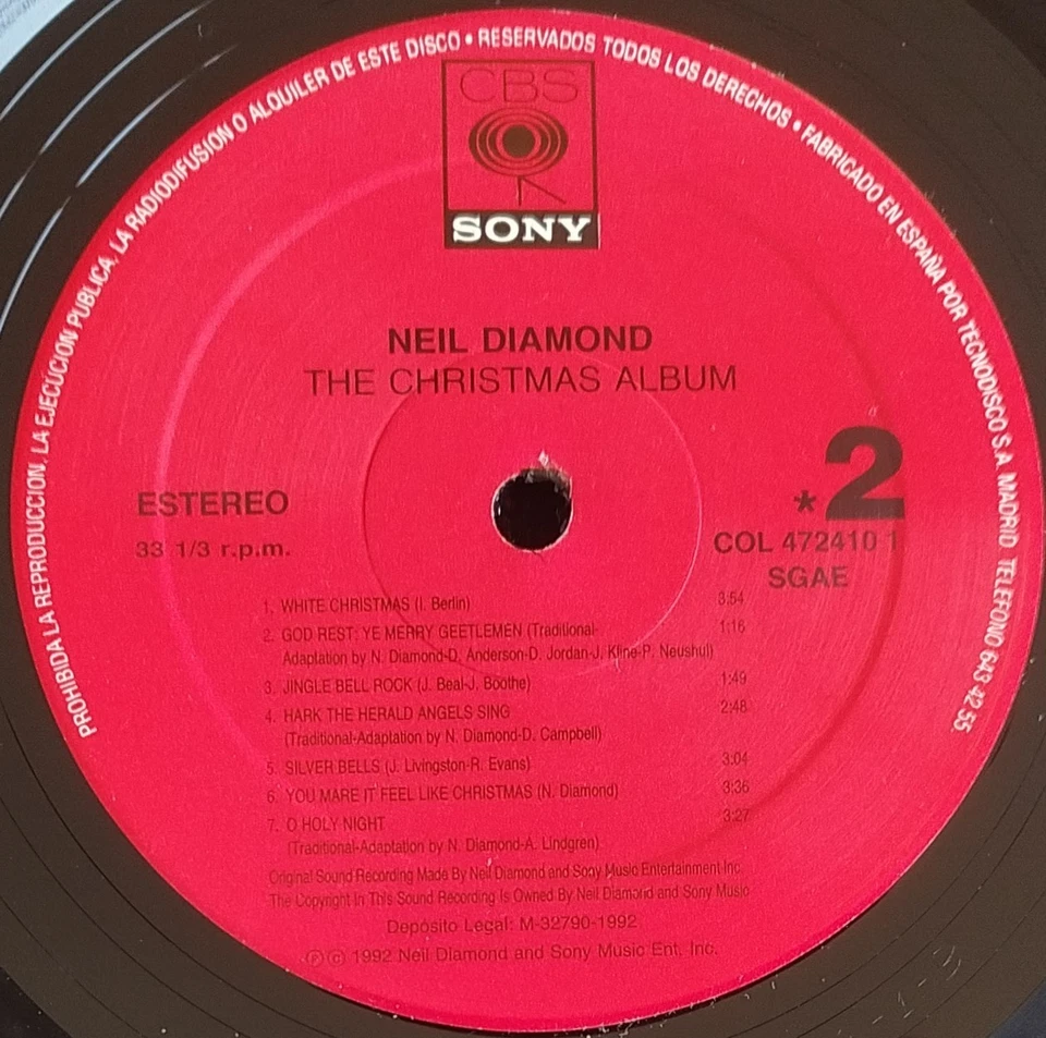 NEIL DIAMOND " THE CHRISTMAS ALBUM " 1992 LP WITH INNER SLEEVE - Image 4 of 4