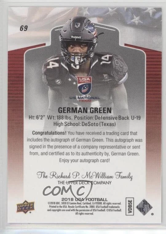 2018 Upper Deck USA Football Auto German Green #69 Auto - Image 2 of 2